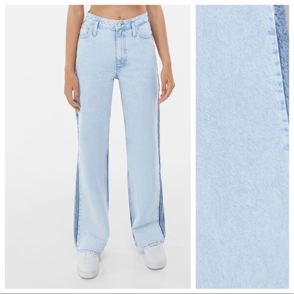 NWT. Bershka Blue 90's Two-Tone Cut Out Straight Fit Jeans. Size 4. - Picture 4 of 8
